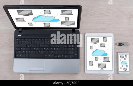Cloud computing concept shown on different information technology devices Stock Photo