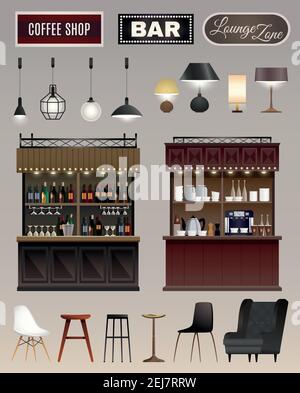 Coffee shop bar interior elements collection with counters wine liquor shelves lamps chairs stools isolated vector illustration Stock Vector