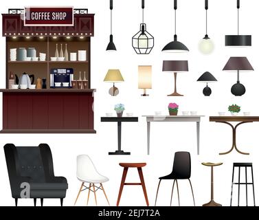 Cafe coffee shop interior details realistic set with chairs stools tables lamps and counter isolated vector illustration Stock Vector