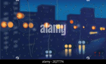 Night city background and driving cars in the rain. Vector illustration. Stock Vector