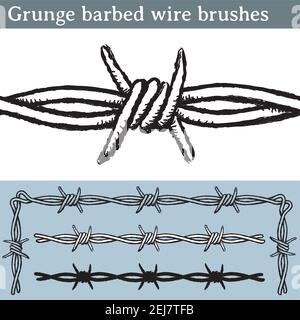 Brushes for Illustrator to draw barbed wire with a grunge look. Three different versions: unfilled, with white fill and in silhouette. Stock Vector