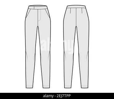Pants cigarette technical fashion illustration with extended normal low  waist, high rise, full length, slant slashed pockets. Flat trousers apparel  template front, white color. Women men CAD mockup Stock Vector Image 