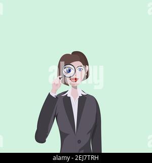 Businesswoman looking through a magnifying glass vector illustration. Hiring and recruiting process searching Stock Vector