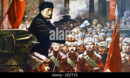 VLADIMIR LENIN (1870-1924) Russian revolutionary in a painting addressing a meeting of the Red Army about 1920. Photo: SIB Stock Photo