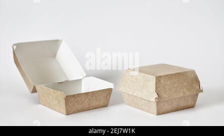 Closed and opened empty blank cardboard food container. Hamburger sandwich box fast food delivery takeaway mockup template Stock Photo