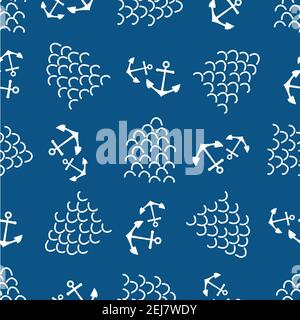 Anchors and abstract waves vector seamless pattern background. Scribbled wavy lines and boat tools blue white backdrop. Simple dutone marine Stock Vector