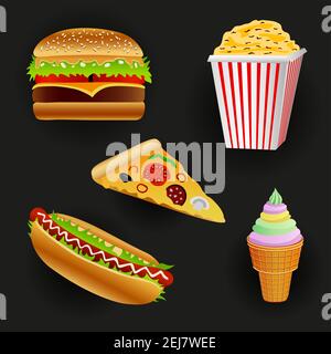 fast food set black background Stock Vector