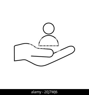 People line icon on the hand. Customer service support. User linear symbol in boss arm. Vector isolated on the white Stock Vector