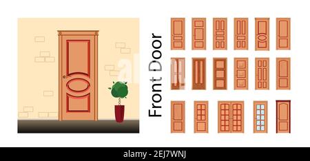 Big set vector doors. Front doors in orange. Doors with or without glass. Building interior and exterior architectural element. Modern Doors Flat Desi Stock Vector