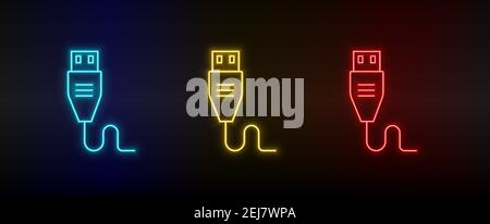 Neon icon set Usb. Set of red, blue, yellow neon vector icon Stock Vector