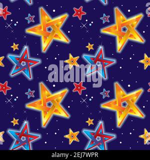 Seamless pattern with bright stars on a dark background. Optical illusion: impossible five-pointed stars, stars with weave sides. Stock Vector
