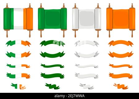 Irish holiday St Patrick day, big set scrolls paper ribbon. St Patrick day consisting of many different scrolls paper ribbon on background. Scrolls pa Stock Vector