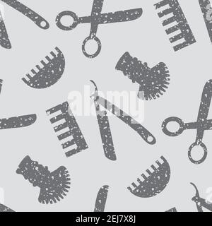Barber shop tools vector seamless pattern background. Monochrome grey backdrop with scissors,shaving brush, comb, razor blade.Terrazzo grunge textured Stock Vector