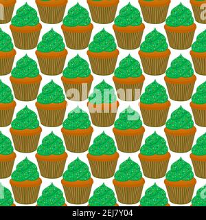 Illustration on theme Irish holiday St Patrick day, seamless green muffins. Pattern St Patrick day consisting of many identical muffins on white backg Stock Vector