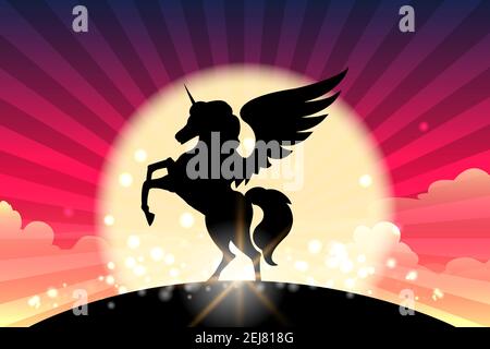 Silhouette of Prancing Unicorn with wings. Vector illustration. Stock Vector