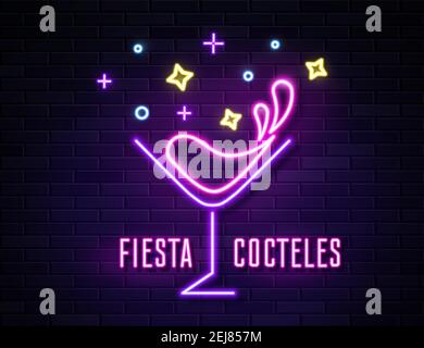 Retro neon wine glass sign on wall background Stock Vector