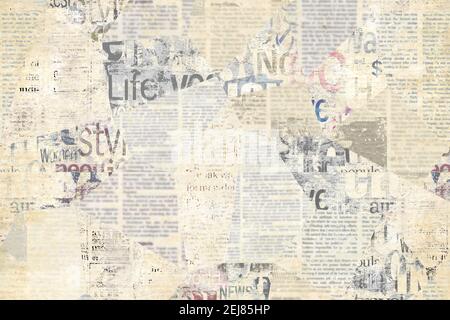 Newspaper paper grunge aged newsprint seamless pattern. Vintage