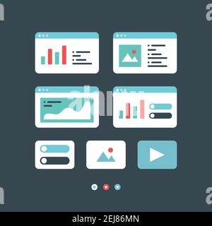 A set of ui ux interface windows boxes containing basic design elements made in vector. Made in red, green and blue, different sizes and selectors. Stock Vector