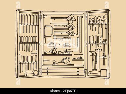 Carpentry tools cabinet hanging on wall in wood workshop vector illustration. Woodwork instruments shelf on wall. Stock Vector