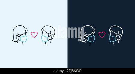 A vector illustration of man and woman in face masks on bright blue and navy backgrounds, silhouettes of couple and heart. Stock Vector