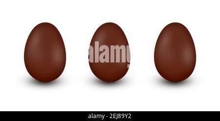 Three same chocolate Easter eggs in a row isolated on white background. Stock Photo