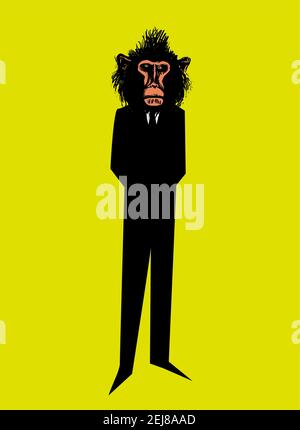 Cartoon illustration of funny man with head of monkey dressed up in black suit Stock Photo