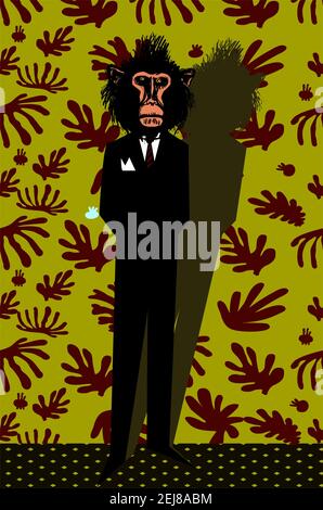 Cartoon illustration of funny man with head of monkey dressed up in black suit Stock Photo