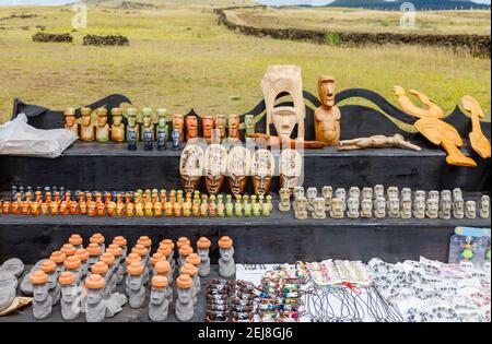 Stall selling typical local cheap tourist souvenirs and trinkets at the entrance to Ahu Akahanga on the south coast of Easter Island (Rapa Nui), Chile Stock Photo