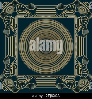 Whimsical abstract ancient pattern with golden curls for scarf. Ornament with gold circles and frame on navy background.Colourful backdrop with border Stock Vector