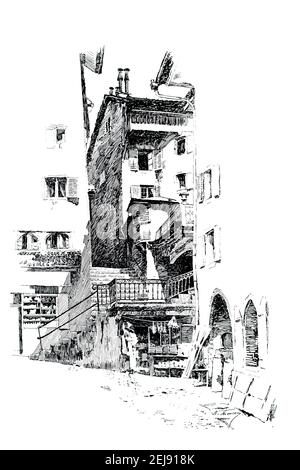 1890s pen and ink sketch, back streets in Old Lucerne, Switzerland, Metzgerrainle, Unter der Egg, steps up to Fischmarktgassli, by American artist Wil Stock Photo