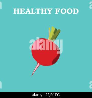 Radish flat. Radish vector logo. Radish icon. Radish object. Vegetable from the garden. Organic food. Vector illustration. Radish on blue background. Stock Vector