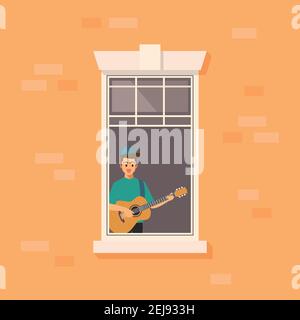 Apartment window with man playing guitar. vector illustration. Stock Vector
