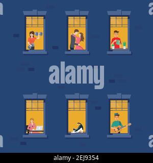 Apartment building facade with neighbor people in open windows at night. vector illustration. Stock Vector