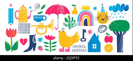 Abstract modern art design with hand drawn doodle elements. Stock Vector