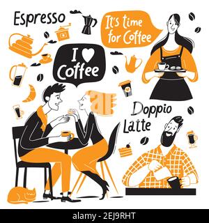 Coffee motivational vector design with barista and coffee elements and lettering Stock Vector