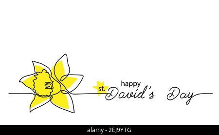 Saint David s day feast simple vector banner, poster, background. One continuous line drawing of narcissus with lettering Davids day Stock Vector