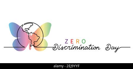Zero Discrimination Day simple vector banner, poster, background with rainbow butterfly and planet, globe. Lettering Zero Discrimination Stock Vector