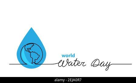 World water day vector one line illustration with aqua drop and planet. Minimal background, banner, poster with lettering Water Day Stock Vector