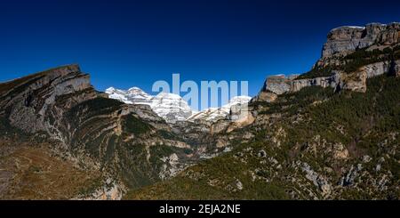 Añisclo Canyon and Monte Perdido in winter(Ordesa and Monte Perdido National Park, Pyrenees, Spain) Stock Photo
