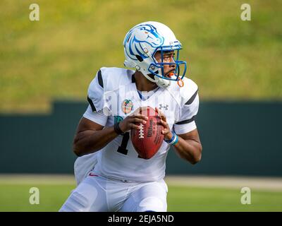 January 12, 2020 - Deland, FL, U.S: National Team quarterback Justin  Mcmillan (12) during College Football All Star Game in the SPIRAL Tropical  Bowl between American (white) and the National (black0 at