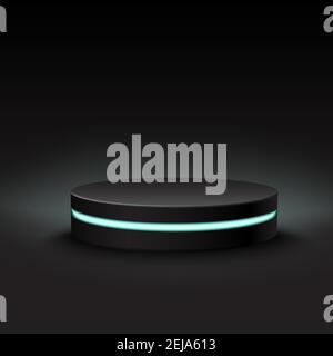 3d realistic vector black round mock up stage with neon light on dark background. Stock Vector