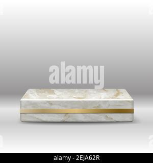 3d realistic vector marble texture square stage with golden decoration on gray background. Stock Vector