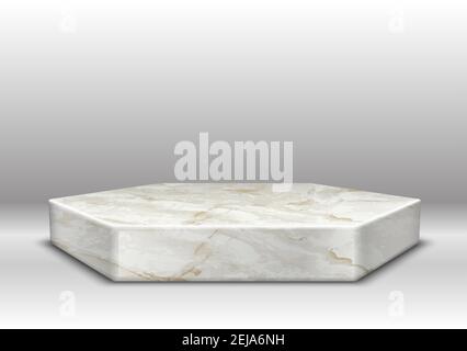 3d realistic vector marble texture hexagon stage with golden decoration on gray background. Stock Vector