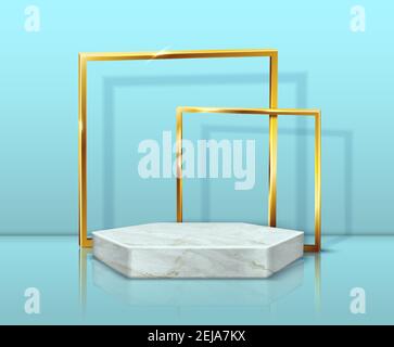 3d realistic vector marble hexagon stand and golden frames of blue background. Stock Vector