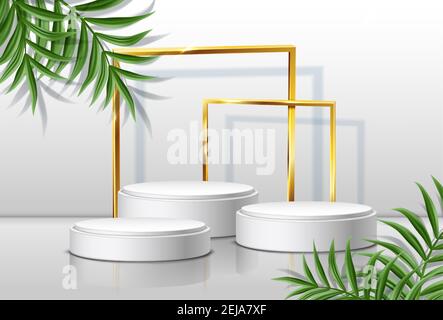 3d realistic vector background with round stages and golden frames with tropical leaves on the sides. Stock Vector