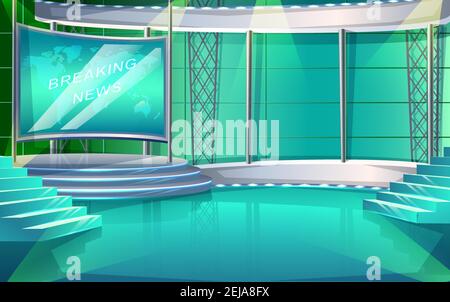 Vector cartoon style TV show studio interior stage, with two chair and news screen. Stock Vector