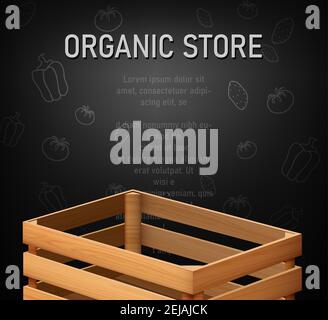 Vector organic supermarket background menu banner with empty wooden cargo box for fruits and vegetables. Stock Vector