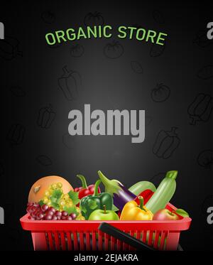 Organic store menu background with realistic shopping red basket and vegetables and fruits inside. Stock Vector