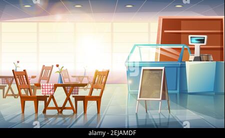 Vector cartoon style flat illustration of restaurant interior with showcases, cashier and dining tables with menu stand. Stock Vector
