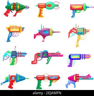 Collection of vector cartoon style flat illustration of futuristic colorful blasters isolated on white background. Stock Vector